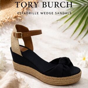 Tory Burch Espadrille Wedge Sandals Black & Tan Canvas Bow Ankle Strap Size 7